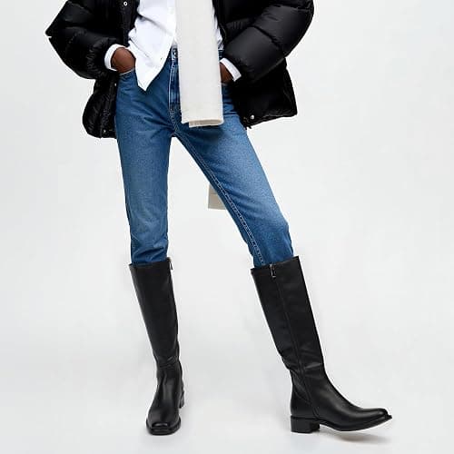 QIY Knee High Boots Women Faux Leather Elastic Boots Low Heel Square Toe Side Zipper Fall Long Tall Boots for Women thumbnail 2