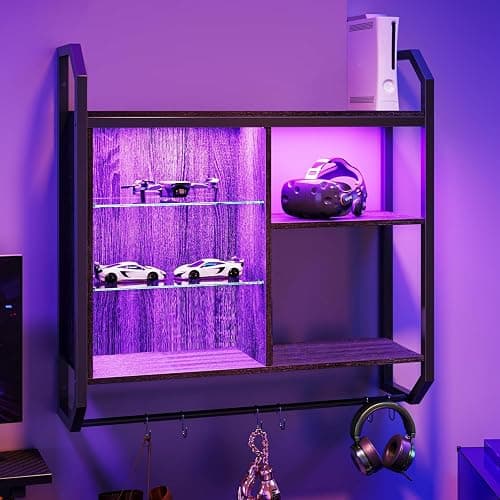 Bestier Gaming Floating Shelves, 34" LED Wall Mounted Shelf with Adjustable Glass Shelf, Pipe Shelves Hanging Display Rack Bookshelf with 6 S-Hook, Gaming Room Decor Wine Coffee Bar Black - Image 1