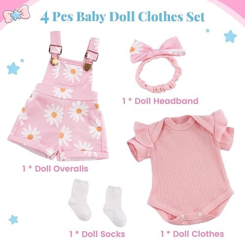 BABESIDE 4 Pcs Reborn Baby Doll Clothes for 17-22 Inch Babydolls, Cute Pink Flower Dolls Overalls Lifelike Reborn Baby Doll Accessories with Headband and Socks for Realistic Dolls Girl thumbnail 4