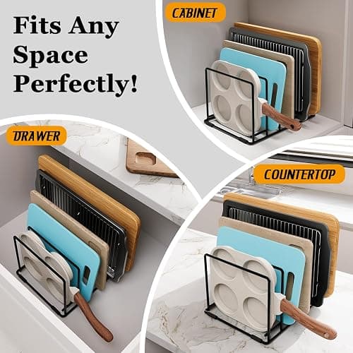WUGEUSCH Kitchen Pan Organizer and Pot Rack, 5-Slot Steel Holder for Thin Pans, Baking Trays, and Cutting Boards - Space-Saving Storage thumbnail 4