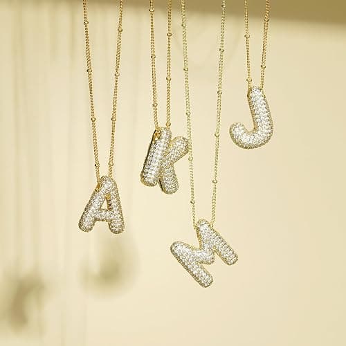 Apsvo Letter Necklace Gold, A-Z Balloon Initial Necklaces Rhinestone Puff Letter Pendant Chunky Alphabet Necklace for Women thumbnail 6