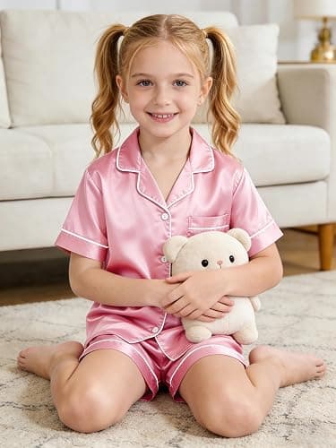 LANKMEI Girls Pajamas Silky Satin PJs 2Pcs Sleepwear Short Sleeve Button Top and Shorts thumbnail 6
