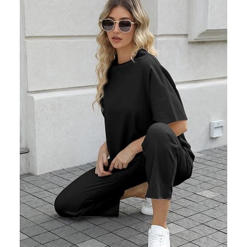SeeLuNa Women's Two Piece Outfits 3/4 Batwing Sleeve Capelet Crew Neck Pullover Top Wide Leg Pants Lounge Set thumbnail 7