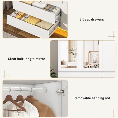 75"H Tall Modern 3 Doors Wooden Armoire Wardrobe Closet with 3 Drawers & 2 Mirror,Clothing Storage Cabinet with Hanging Rod,Bedroom Large Freestanding Armoires with Led Lights for Bedroom,White thumbnail 8
