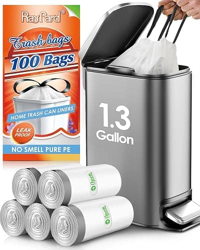 1.3 Gallon 100 Counts (fit 1.3-1.5 Gal) Mini Drawstring Trash Bags Garbage Bags by RayPard, 4-5L Small Plastic Trash Can Liner fit 1,1.2-1.5 Gal Waste Basket for Home Office Kitchen Bathroom, White - Image 1