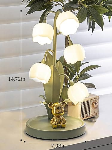 Green Flower Lamp for Home,Bedside Vintage Table Lamps,5 Lily of The Valley Reading Lights,3 Colors Modes Kawaii Bedside Lamp Decor,with G4 Bulb Nightstand Light for Living Room Office Bedroom - Green thumbnail 6