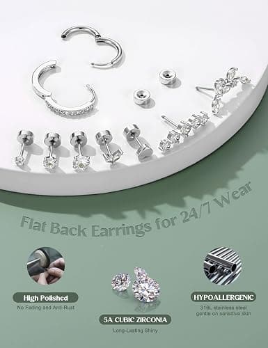 LOLIAS Hypoallergenic Flat Back Earrings-Cartilage Earring Stacks-Surgical Steel Earrings for Sensitive Ears - Small Stainless Steel Flatback Stud Hoop Earring Sets for Helix Tragus Conch Daith Multiple Piercing Jewelry Trendy thumbnail 3