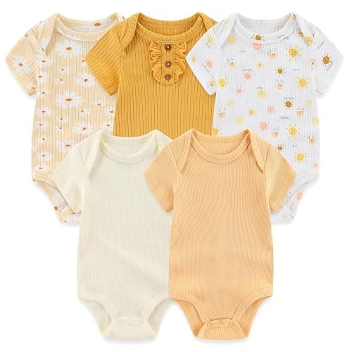 MAMIMAKA Newborn Baby Short Sleeve Bodysuit Cotton One-Piece Baby Clothes 5-Pack, 0-12 Months - 0-3 Months - Five Piece Bodysuits-7 - Image 1