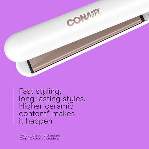 Conair Hair Straightener, Double Ceramic, 1" Extra-Long Plates | Double ceramic hair straightener for all hair types with 5 heat settings to 410°F, 30-second heat up & a claw clip thumbnail 3