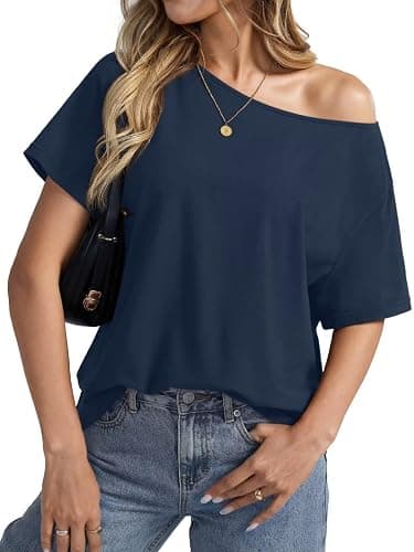 EasyGala Womens Cotton Off The Shoulder Tops Oversized Short Sleeve T-Shirts Casual Summer Tees Trendy Clothes 2025 thumbnail 2