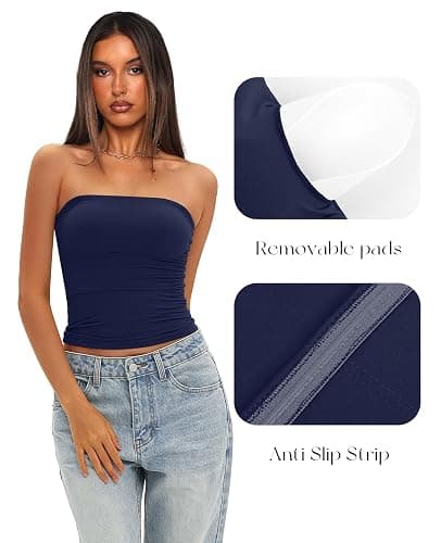 Darong Womens Padded Tube Tops Bulit in Bra Strapless Crop Tops Bandeau Double Lined Basic Going Out Tank Top thumbnail 3