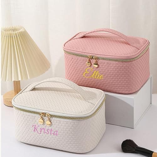 GOPHIE Personalized Embroidery Large Travel Makeup Bag - PU Leather Cosmetic Organizer Case for Women,Waterproof Makeup Pouch thumbnail 7