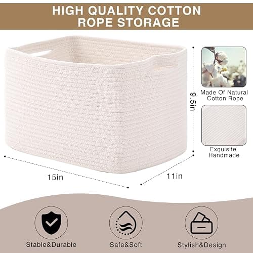 ICERZCZ Storage Baskets for Organizing Shelves, Woven Cotton Rope Bins for Baby Nursery Organization, Book Toy Towel Organizer, 15"x11"x9.5", 3 Packs, Off White thumbnail 3