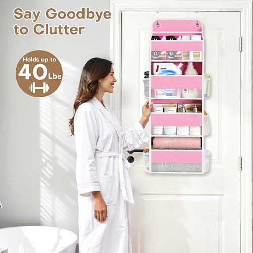 Over the Door Organizer, 4 Large Pocket Hanging Storage with 40lb Capacity | Space Saving Behind Door Storage for Nursery, Bathroom, Bedroom and Closet, Baby Stuff and Toiletry Organizer, Pink thumbnail 7