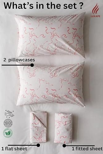 Elegant Bow Bedding Sheets Set – 1 Flat sheet - 1 Fitted sheet - 2 Pillowcovers - Coquette aesthetic, Pink - Soft, Breathable & Cozy Sheet - Bow girly - Bow decor (Pink bows, Queen (U.S. Standard)) - Pink Bows - Queen (U.S. Standard) thumbnail 2