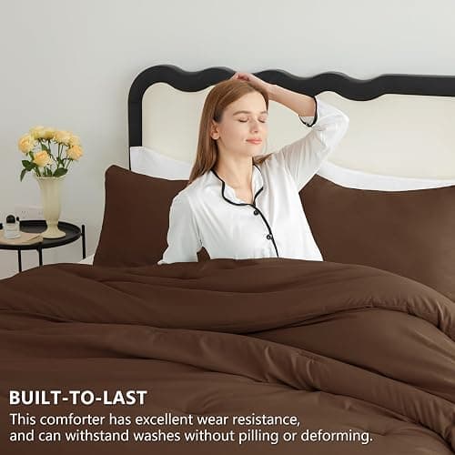 CozyLux Queen Comforter Set Brown, 3 Pieces Solid Breathable Quilted Style Bedding Sets, Luxury Fluffy Soft Bed Set with Down Alternative Comforter for All Season (1 Comforter & 2 Pillowcases) thumbnail 3
