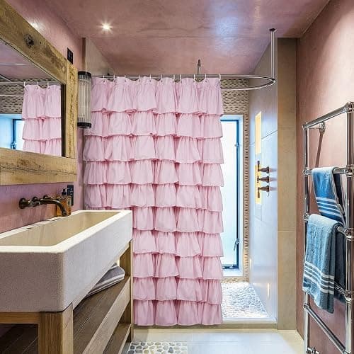 Volens Pink Ruffle Shower Curtain Farmhouse Rustic Fabric Cloth Shower Curtains for Bathroom, 72" x 72" thumbnail 3