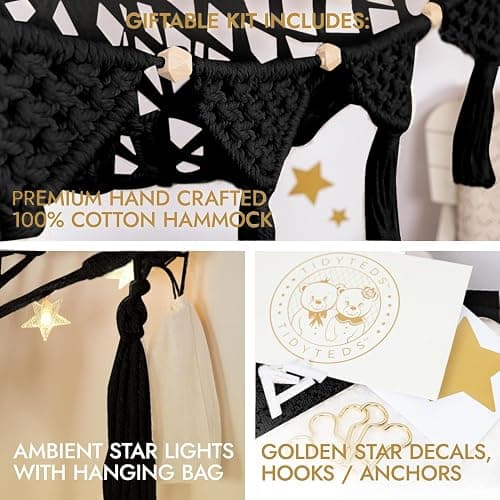 TIDYTEDS Macrame DreamLights Boho Stuffed Animal Storage Net Hammock Extra Large Plush Toy Storage Holder For Small Or Large Plushies BLACK thumbnail 2