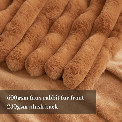 Amélie Home Faux Fur Throw Blanket for Couch, Cozy Fuzzy Fluffy Fur Luxurious Soft Striped Plush Gift Blankets for Family Sofa Chair Bedroom, 55"x70", Orange Brown thumbnail 4