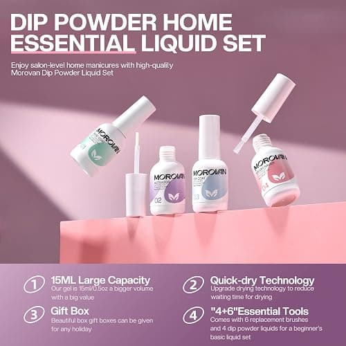 Morovan Dip Powder Liquid Set with Activator Base Top Coat and Dipping Powder Brush Saver 4pcs 0.5oz for Dip Nail Kit thumbnail 2