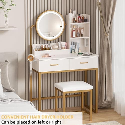 Vabches Makeup Vanity with Round Mirror and Lights, White Vanity Makeup Table with Charging Station, Small Vanity Table for Bedroom, 3 Lighting Modes, 31.5in(L) thumbnail 4