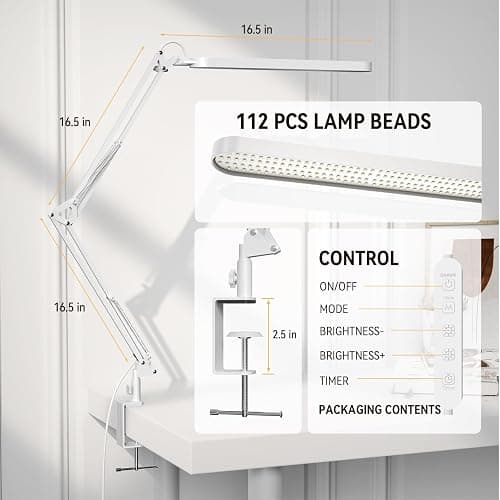 SKYLEO Led Desk Lamp - 31.5" Desk Light - 5 Color Modes X 11 Brightness Levels - Adjustable Swing Arm - Timmer & Memory Function - 12W Study Lamp - White thumbnail 2
