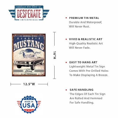 Desperate Enterprises Classic Ford Mustang Tin Sign - Nostalgic Vintage Metal Wall Decor - Made in USA thumbnail 3