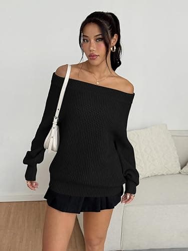 ZAFUL Sweaters for Women Off Shoulder Knit Sweater with Long Sleeve Loose Pullover Jumper Tops thumbnail 4