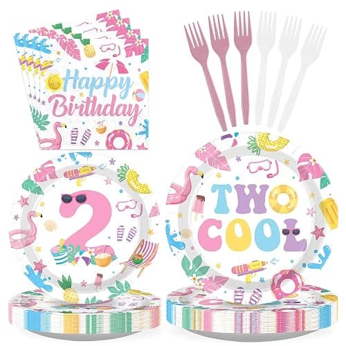 96Pcs Two Cool Pool Party Decorations Pink Swimming Flamingo Pool 2nd Birthday Plates and Napkins Splish Splash 2nd Birthday Decoration for Girls Baby Shower Two Years Old Summer Beach Party Supplies - Image 1