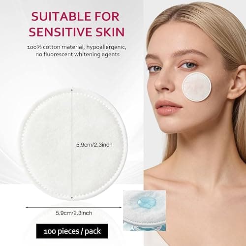 600 PCS Cotton Rounds–100 Count (Pack of 6)-Soft, Absorbent, 100% Pure Cotton Face Pads for Makeup Removal, Skincare, Skin Care and Gentle Facial Cleansing - Lint Free Stitched Pads thumbnail 7