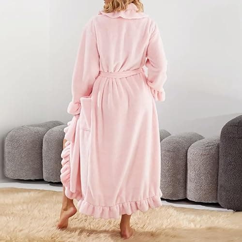 Oplxuo Fuzzy Robe for Women Cute Ruffle Plush Soft Long Sleeve Robes Fluffy Warm Fleece Long Bathrobe with Pockets thumbnail 6