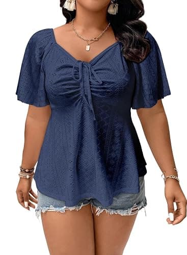 Eytino Womens Plus Size Tops Sweetheart Neck Short Sleeve Eyelet Embroidery Summer Loose Peplum Shirts(1X-5X) - Image 1
