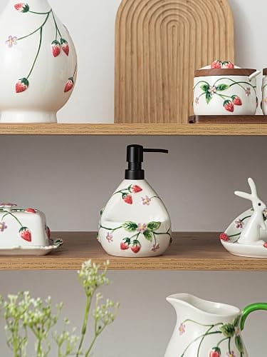 Ceramoira Strawberry Soap Dispenser with Sponge Holder for Countertop, 20oz | Artisanal Handmade, 2-in-1 Cute Lotion Pump, Ceramic Liquid Dispenser & Caddy Combo for Kitchen & Bathroom thumbnail 7