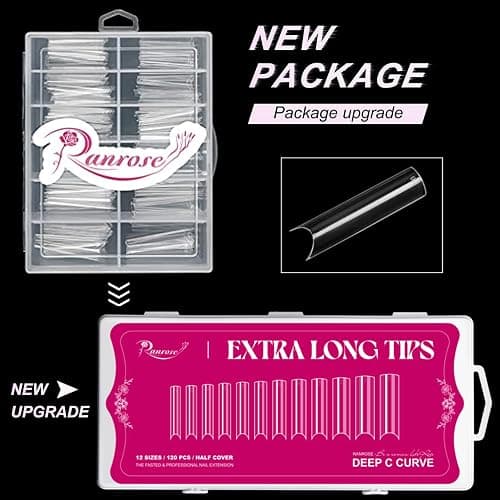 Ranrose 120PCS Extra Long Half Nail Tips,XXL Super Long Half Cover Deep C Curve False Nails 12 Sizes Tapered Square Press on Nails with Box - 120PCS Clear 2XL C Curve Tips thumbnail 2