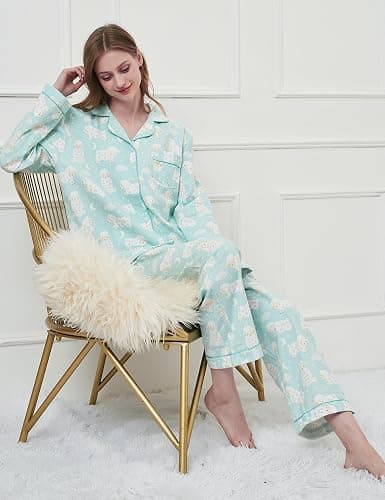 CHUNG Women Flannel Pajamas Set Brushed Cotton Button Tops Pants S-XL Sleepwear Loungewear Cozy Warm Winter thumbnail 2