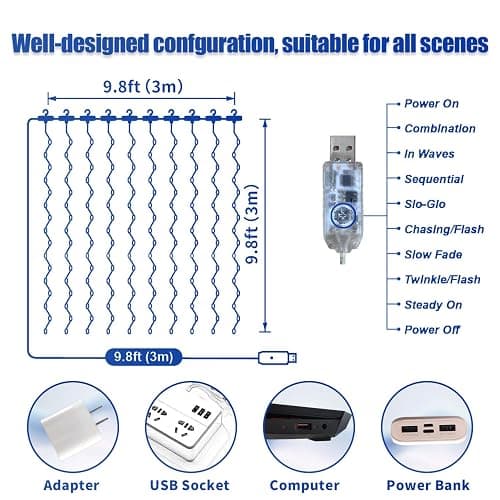 300LED Fairy Curtain Lights, 9.8x9.8Ft Warm White USB Plug in 8 Modes & Timer Christmas String Hanging Lights with Remote for Bedroom Indoor Outdoor Weddings Party Wall Decorations(Warm White) thumbnail 7