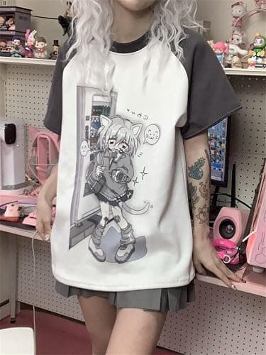 Y2k Aesthetic Detachable Sleeve T-Shirt Women Kawaii Cat Girl Anime Print Cute Sweatshirts Fairycore Streetwear thumbnail 2