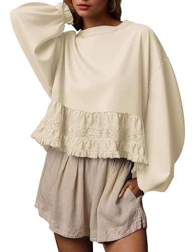 Burtell Crew Neck Crop Oversized Sweatshirts For Women Casual Long Puff Sleeve Babydoll Tops Loose Lace Patchwork Peplum Top - Image 1