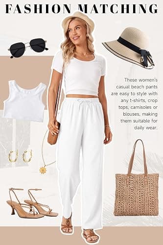 TOPYOGAS Womens High Waist Drawstring Stretch Casual Pants Summer Loose Pants Straight Trousers with Pockets thumbnail 3