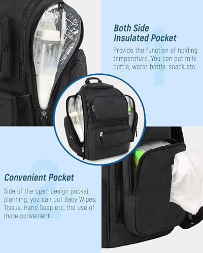 Mancro Diaper Bag Backpack, Multifunctional Dad Diaper Bag with 2 Side Insulated Pockets, Travel Water Resistant Baby Diaper Backpack for Men Women with Stroller Straps, Black thumbnail 5