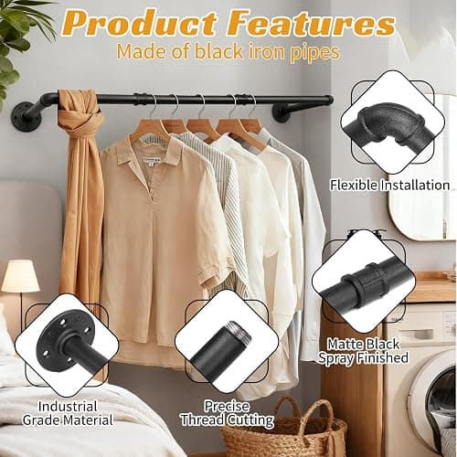 ZHLZHL 50 INCH Clothes Rack,Industrial Pipe Clothing Rack Wall Mounted,Heavy Duty Iron Garment Rack Retail Display Clothes Rod for Closet,Laundry Room,Black thumbnail 3