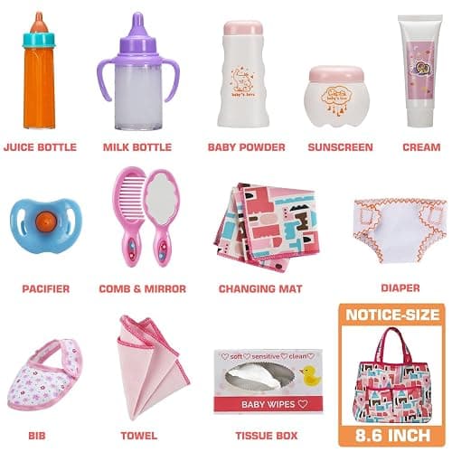 14 Pack Baby Doll Accessories, Baby Doll Feeding and Caring Set Includes Diaper Bag, Doll Diapers, Magic Bottle, Changing Mat for Girl Toddler Kid, Babies Pretend Play Set for Birthday Gift Christmas thumbnail 4