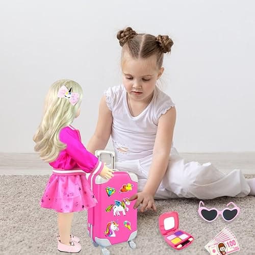 BNUZEIYI 23Pcs 18 Inch Girl Doll Accessories Case Luggage Travel Play Set with Doll Clothes Cute Bag Computer Glasses Pretend Makeup Toy Stickers Doll Stuff Fit 18 inch Doll Christmas Birthday Gift thumbnail 6