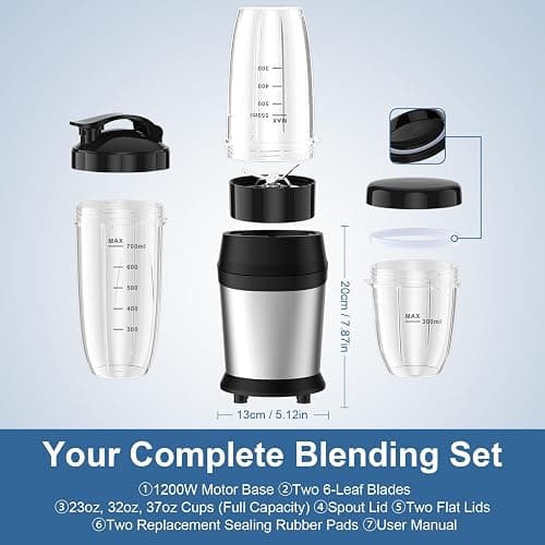 Colarlemo 12-Piece Smoothie Blender Maker 25,000 RPM Personal Blender for Ice Crushing Smoothies & Frozen Drinks Nuts with 23oz, 32oz, 37oz Portable Cups Two 6-Leaf Stainless Steel Blades, Silver thumbnail 2