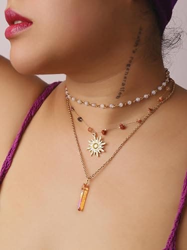 Sacina Layered Crystal Sun Necklace, Gothic Boho Hippie Summer Beach Necklace, Boho Hippie Jewelry, Christmas Jewelry Gift for Women thumbnail 3