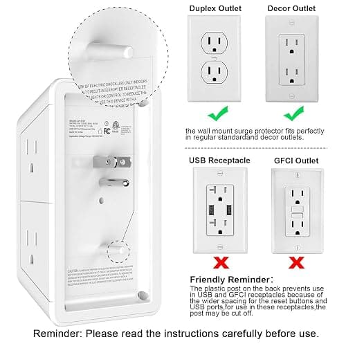 5 Outlet Extender Multi Plug Wall Outlets with 4 USB Charging Ports (1 USB C Outlet), 3 Sided 1680J Surge Protector Power Strip USB Wall Charger for Home, Office, Travel, ETL Listed, White thumbnail 6