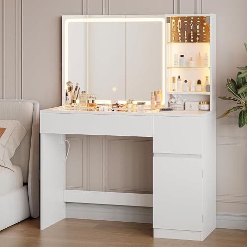 wanan Vanity with Glass Top, White Vanity Desk with Mirror and Lights, Jewelry Storage, Power Outlet, 3 Adjustable Lighting Modes, Makeup Vanity with 2 Drawers for Bedroom thumbnail 9