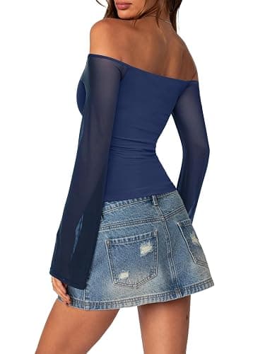 REORIA Off The Shoulder Tops for Women Tube Double Lined Mesh Going Out Shirts 2025 Fall Fashion Trendy Tops thumbnail 4