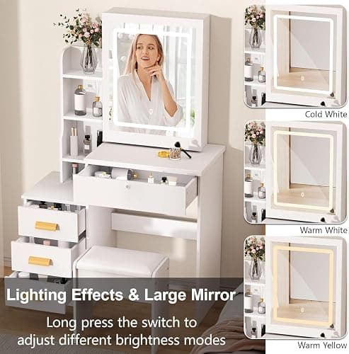 Make Up Vanity Desk with Mirror and Lights,White Vantity Set with 4 Drawers and Hidden Shelves,Girls Dressing Table with Lights and Stool,Small Vanity with Sliding Mirror for Bedroom Dressing Room thumbnail 3