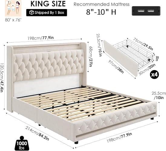 HIFIT King LED Bed Frame with Charging Station and 4 Storage Drawers, Velvet Upholstered Platform Bed with Handcrafted Crystal Button Wingback Headboard, Metal Frame with No Box Spring Needed, Beige thumbnail 2